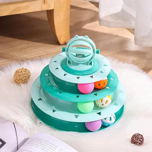 Miniatura 6 de Vealind Rodillo de juguete para gatos, plato giratorio de 4 niveles, bolas de juguetes para gatos con 14 bolas de pompones coloridos, diversión
