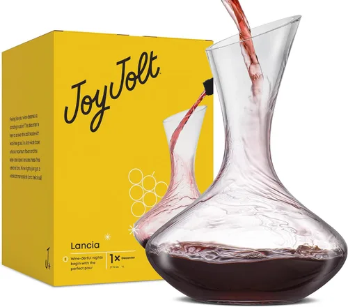 JoyJolt Lancia - Decantador de vino de cristal, aireador de vino, base hecha a mano, jarra de vidrio, diseño ultra elegante, boquilla inclinada