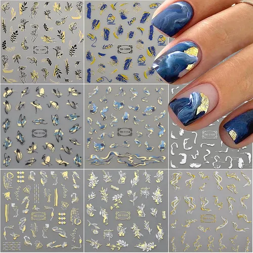Miniatura 9 de 12 hojas de calcomanías de uñas doradas, calcomanías de uñas autoadhesivas 3D de metal con diseño de rayas geométricas onduladas, diseños de arte