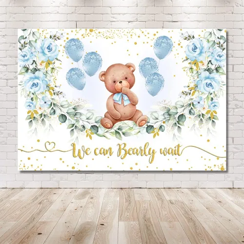 Miniatura 6 de MEHOFOND Telón de fondo de fiesta de baby shower de oso de 10 x 7 pies, fondo azul floral para fotografía, puntos dorados con purpurina dorada, Rosa
