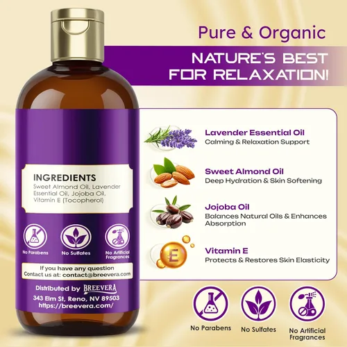 Miniatura 3 de Aceite de masaje con aceites de lavanda y almendras dulces – Alivia la tensión muscular, hidrata la piel, promueve la relajación y el bienestar, 3.4