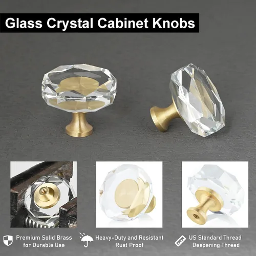 Miniatura 2 de QOGRISUN Paquete de 2 pomos de gabinete de cristal de latón, pomos de cajón dorados de cristal de cristal, polígono de 1-1/4 pulgadas, tiradores