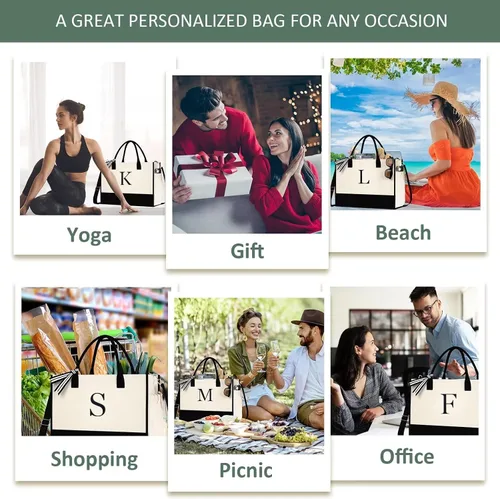 Miniatura 6 de Bolsa de Lona con Inicial - Bolsas de Compras Reutilizables, Canasta de Regalos de Cumpleaños para Damas de Honor, Amigas y Maestras for