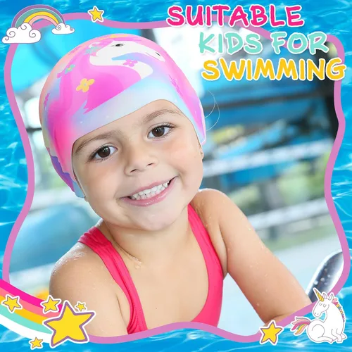 Miniatura 6 de Syhood Gorras de natación para niños, 3 unidades, impermeables, gorro de natación de dibujos animados para cabello largo y corto, para niños y niñas
