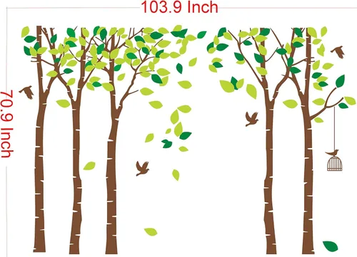 Miniatura 4 de luckkyy Calcomanía para pared, Gran Familia de cinco Árboles con pájaros y jaulas, para habitación familiar, arte decoración.