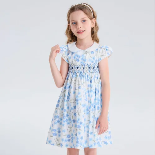 Miniatura 2 de Girls Smocked Blue Dress Toddler Floral Summer Dress Vintage Dresses Kindergarten Graduation Dress