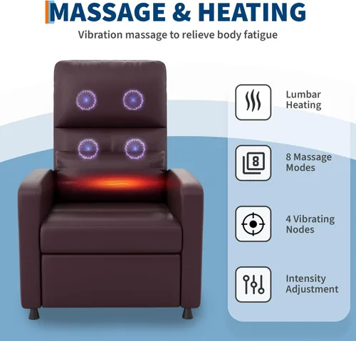 Miniatura 4 de GarveeHome - Silla reclinable eléctrica con calor y masaje, sofá individual ergonómico de cuero sintético ajustable, respaldo alto, asiento PU Marrón
