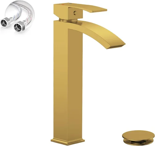 Grifo de lavabo de vaso en oro cepillado, grifos de baño estilo cascada, grifos de baño de una sola manija y un solo agujero de boquilla alta con