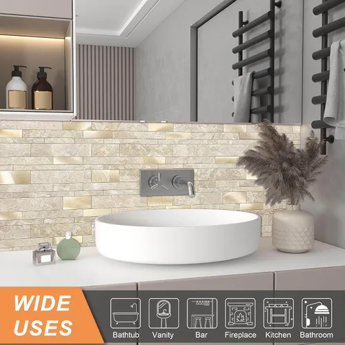 Miniatura 3 de VAOVI Azulejos autoadhesivos para salpicaduras de cocina, azulejos estilo metro lineal de mosaico de piedra para baño, pared de ducha impermeable