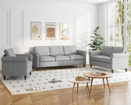 Miniatura 14 de PUREMIND Juego de sofá de 2 piezas para muebles de sala de estar, juego de sofá y silla de oficina moderno de lino con patas de madera maciza, sofá