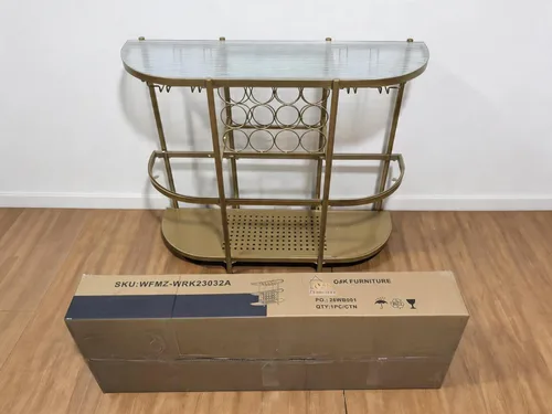 Miniatura 3 de O&K FURNITURE Mesa de bar para el hogar con estantes de vino, mesa de bar de vino de 3 niveles con soportes para vidrio, gabinete de vino