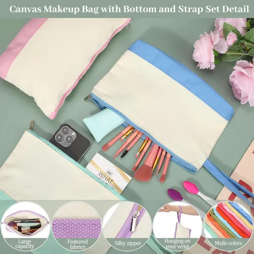 Miniatura 3 de Silkfly Bolsas de maquillaje de lona de algodón con cremallera cosmética de 10.2 x 5.5 x 2 pulgadas, bolsa de bricolaje en blanco a granel