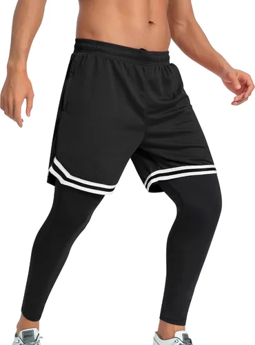 SILKWORLD Pantalones de correr 2 en 1 para hombre, pantalones deportivos de compresión, leggings de entrenamiento con bolsillos con cremallera