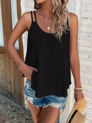 Miniatura 5 de Donnalla Paquete de 2 camisetas sin mangas para mujer, con ojales bordados, sin mangas, tirantes delgados, cuello redondo, ajuste holgado, casual