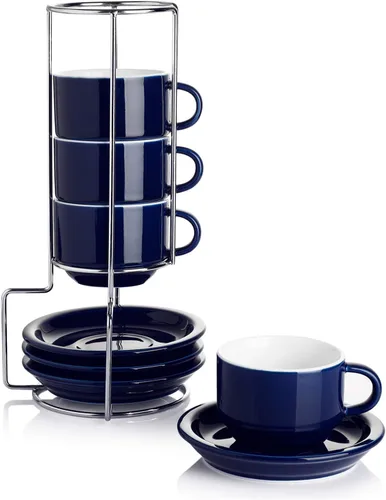 Sweese Juego de 4 tazas apilables de porcelana de 2.5 onzas con platillos y soporte de metal, color azul marino