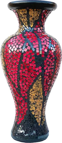 Miniatura 2 de Jarrón de mosaico de 24 pulgadas, cilindro alto hecho de terracota con piezas de mosaico de vidrio rojo, dorado y negro, pieza decorativa hecha a