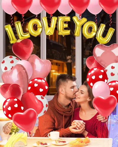 Miniatura 3 de Lutoys Kit de decoración de globos de San Valentín con globos "I Love You", globos de corazón con 1000 pétalos de rosa roja de seda para el día