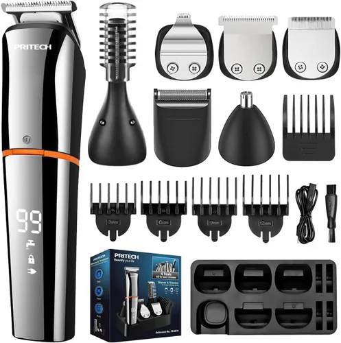 Miniatura 7 de PRITECH - Cortadora de barba para hombre, kit de aseo inalámbrico 6 en 1, resistente al agua, IPX6, afeitadora para hombre con maquinilla de Negro