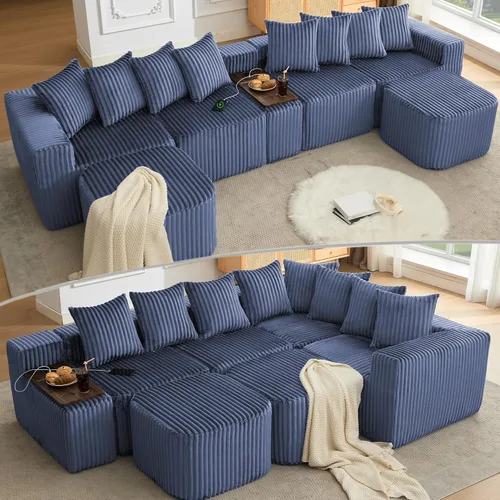 Miniatura 10 de Sofá seccional de 137.5 pulgadas, sofás modulares sin hueso para sala de estar, cómodo sofá de pana de felpa de asiento profundo, moderno sofá