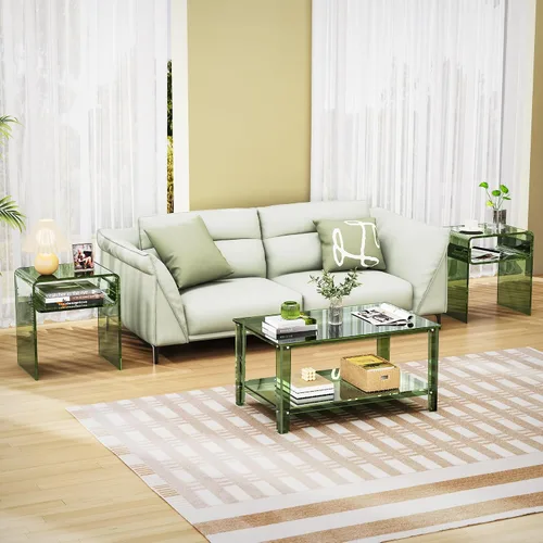 Miniatura 8 de Mesa auxiliar de 2 niveles de acrílico transparente; mesa de noche para sala de estar, dormitorio (1, Verde)