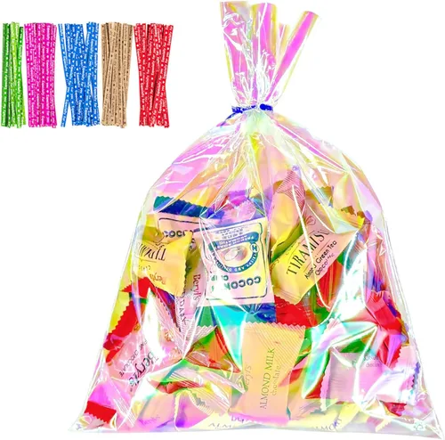 Miniatura 14 de Bolsas de celofán iridiscentes de 5 x 7 pulgadas con lazos giratorios, bolsas de golosinas para galletas, chocolates y palomitas de maíz
