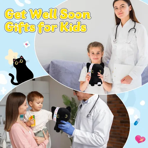 Miniatura 4 de Regalos para mujeres y niños, peluche de gato negro de 8 pulgadas, animales de peluche con texto en inglés "Get Well Soon", peluches de gato kawaii