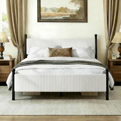 Miniatura 9 de BarnFurin Base de cama tamaño matrimonial con cabecero, cama tapizada de plataforma de metal con terciopelo de pana y listones de madera, diseño
