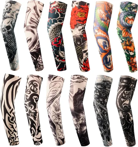 Miniatura 10 de YARIEW Mangas de tatuaje para hombres, 12 piezas de mangas de brazo tatuajes falsos para cubrir brazos, protección solar refrescante Color 1