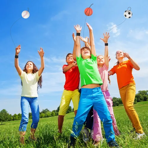 Miniatura 7 de Skylety 6 Piezas Pelota de Retorno de Muñeca con Cuerda Pelotas Deportivas de Rebote de 2.48 Pulgadas con Correa Elástica Fútbol Baloncesto Béisbol