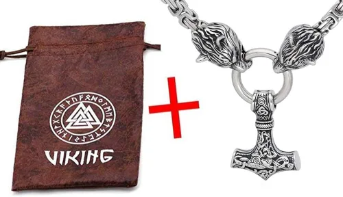 Miniatura 5 de GuoShuang Wolf Head with Thor Mjolnir Pendant Necklace Stainless Steel - King Chain