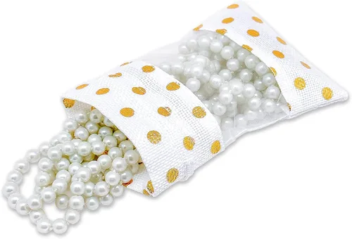 Miniatura 5 de Paquete de 12 bolsas de regalo pequeñas de lino, arpillera y organza con cordones (3.5 x 5.5 pulgadas, lunares blancos/dorados) - Recuerdos