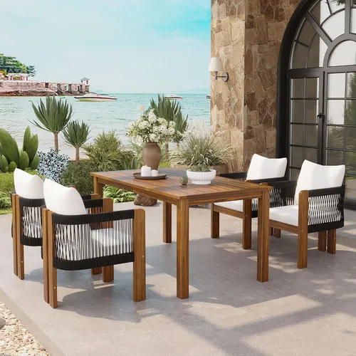 Miniatura 14 de Quarte Moderno juego de comedor de patio al aire libre de 5 piezas, juego de barra de mimbre de ratán de polietileno para jardín, 4 sillas de altura