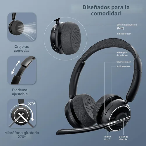 Miniatura 4 de (2025 Actualizado) Auriculares Inalámbricos con Micrófono para Trabajo, Auriculares Bluetooth con Micrófono de Cancelación de Ruido con Dongle, Base