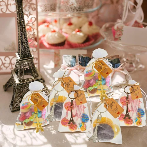 Miniatura 6 de Taiyin 30 pares de llaveros de torre Eiffel, adorno retro, recuerdo francés, recuerdos de fiesta, regalos de cumpleaños (dorado)