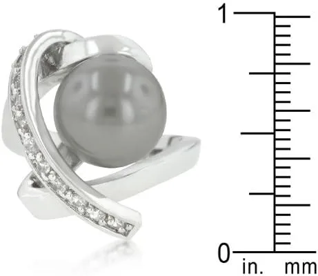 Miniatura 4 de Kate Bissett Genuine Rhodium Plated Ring Knotted with a Dark Grey Simulated Pearl Bordered by Round Cut Cubic Zirconia