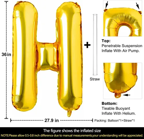 Miniatura 2 de Lovoir Globos dorados grandes de 40 pulgadas con la letra H de gran tamaño, globo de helio de aluminio de Mylar para fiestas de cumpleaños, Letra