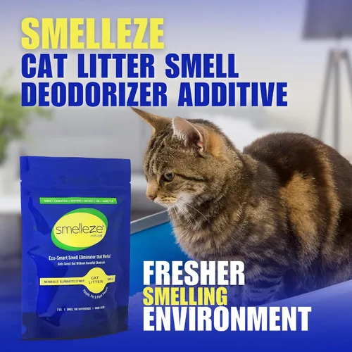 Miniatura 2 de SMELLEZE Aditivo desodorante eliminador de olores de arena natural para gatos: 2 lb. Elimina fuerte olor a orina y hedor de excrementos. Cambia