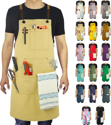 Delantal de Cocina, Delantal de Trabajo, Lona, Múltiples Bolsillos, Jardinería, Pintura, BBQ, Artista, Carpintero, Tallas M a XXL, Ámbar