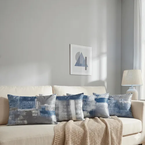 Miniatura 15 de Juego de 4 fundas de almohada de arte abstracto azul y gris de 18 x 18 pulgadas, fundas de cojín decorativas modernas para dormitorio, sofá y sala