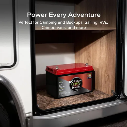 Miniatura 5 de Paquete de 2 baterías recargables ECI Power LiFePO4 de litio de 12 V 100 Ah Bluetooth 5000 ciclos de vida y 10 años de vida útil BMS integrado