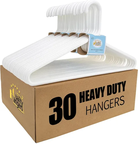 Paquete de 30 perchas de plástico blanco de calidad, paquete múltiple súper resistentes para ropa, perchas de ropa estándar gruesas y fuertes con