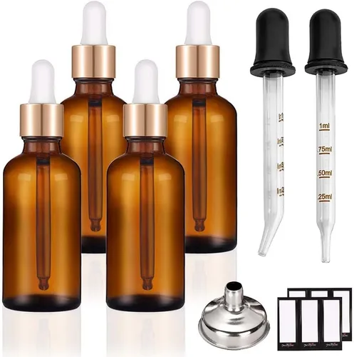 PrettyCare Paquete de 4 botellas con cuentagotas de aceites esenciales, botellas vacías de tintura para cuidado personal y belleza, Ámbar (Dark 1oz