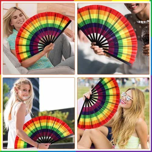 Miniatura 4 de Geetery 6 piezas grandes de mano plegable arco iris para fanáticos gay LGBT, fanáticos del festival orgullo arco iris para mujeres y hombres, fiesta