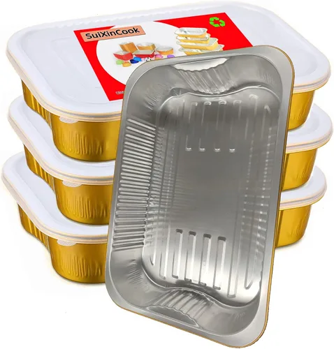 Miniatura 11 de Sartenes de papel de aluminio de SuiXinCook con tapas, 10 unidades, resistentes, 2 libras, sartén pequeña de papel de aluminio de 8.5"×6