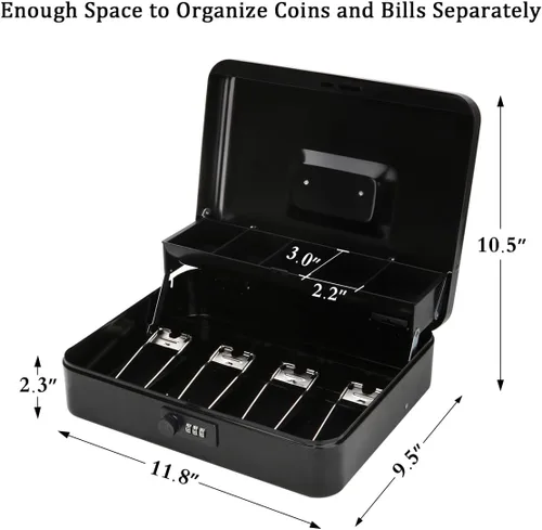 Miniatura 6 de Jssmst - Caja grande de seguridad para dinero con bandeja; caja de dinero de metal con cerradura de combinación y cable de seguridad, color negro