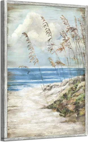 Miniatura 20 de Arte de pared enmarcado costero abstracto, imagen de silla de playa, pintura moderna del océano, impresiones de paisaje marino relajante, decoración