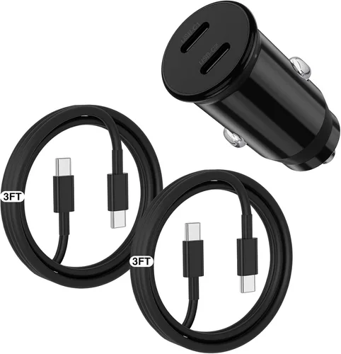Cargador de coche para iPhone 17 16 15 de carga rápida, cargador de coche USB C de doble puerto de 40 W con 2 cables USB C de 3 pies, adaptador de