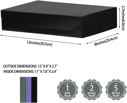 Miniatura 4 de 1 paquete de caja de regalo negra con tapas, pequeña de 12 x 8 x 2.7 pulgadas, cajas de regalo para ropa, cajas de regalo para camisas con cinta