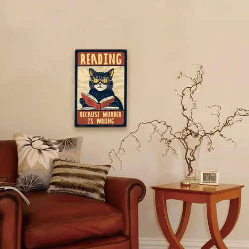 Miniatura 7 de 1 letrero de metal vintage de 8 x 12 pulgadas con diseño de gato retro con texto en inglés "Reading Because Murder is Wrong", póster