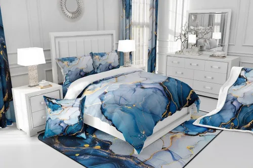 Miniatura 4 de Erosebridal Juego de ropa de cama de mármol líquido azul aguamarina, funda de edredón con estampado de mármol con patrón de mármol abstracto, juego